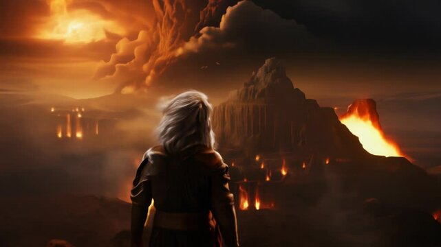 Silhouette of Zeus standing against the backdrop of a volcano spewing lava and smoke. Concept: mythology, epic battles, deities and ancient Greek legends.