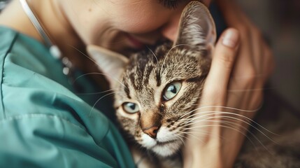 Veterinarian Holding and Comforting a Cat During Examination