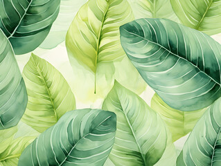 Obraz premium Illustration abstract background with green watercolor tropical leaves pattern