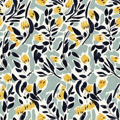 Modern printed fabric wildflower blockprint pattern with linen fabric textures. Stylized hand drawn boho dark florals for decorative design elements in repeatable background tile. © Limolida Studio