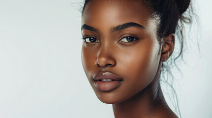 Naklejka premium face of beautiful young African American woman on white background, beauty shot, glowing healthy skin, plump lips, expressive eyes, smile, model, self-care, studio, portrait, person