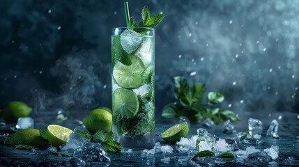 A refreshing mojito with mint leaves and lime slices