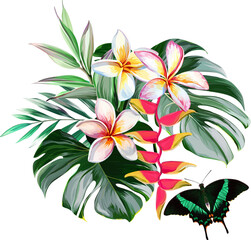 Bouquet of tropical flowers. Hibiscus, paradise flowers. exotic, tropical