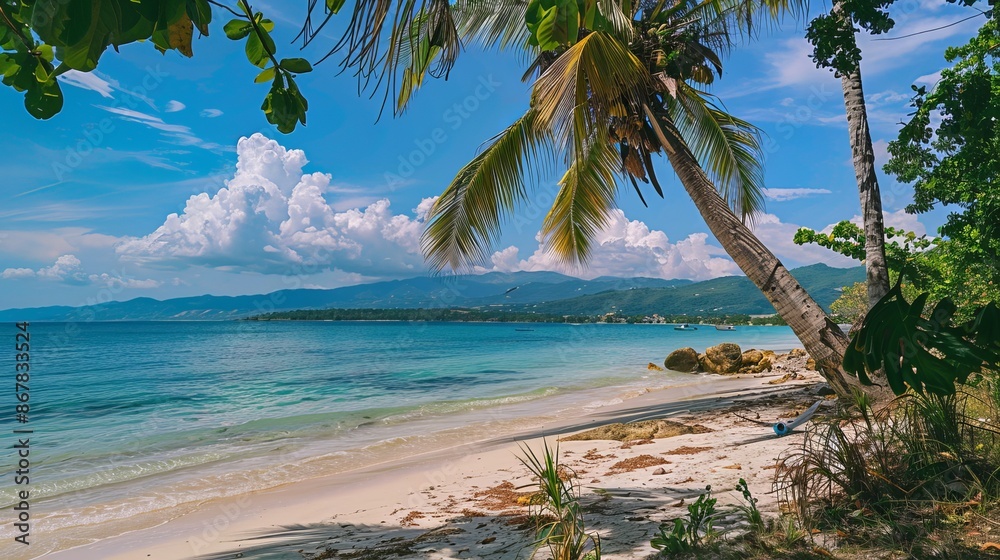 Sticker A picturesque tropical beach featuring clear turquoise water, pristine white sand, lush palm trees, and distant mountains under a bright blue sky.