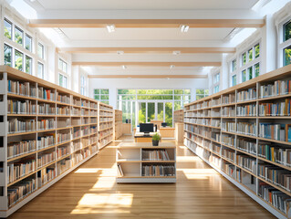 Obraz premium A modern library interior shelves filled with books and bright and clean lighting