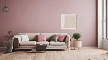 modern living room with sofa and pink wall
