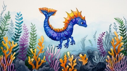 A curious sea dragon blending in with seaweed, Watercolor, Varied hues, Intricate