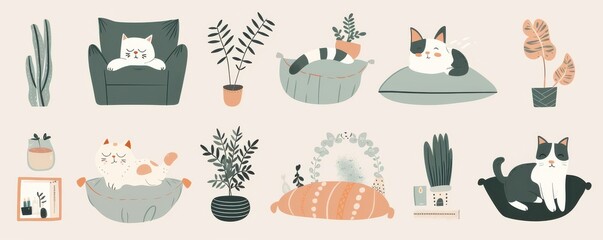 A cartoonish room with a couch, chair, and a few potted plants. The couch has a cat on it and a clock on the wall. Illustration.