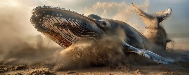 Obraz premium A whale flounders dramatically in the sandy surf, creating a dynamic spray of water and sand, epitomizing the struggle and raw beauty of the natural world.