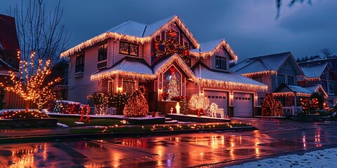 Obraz premium House exterior decorated for Christmas with lights for the winter holiday