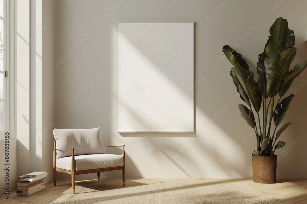 Poster A modern, minimalist living space features a comfortable chair, large blank canvas, potted plant, and sunlit ambiance from a nearby window.