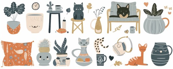 A cartoonish room with a couch, chair, and a few potted plants. The couch has a cat on it and a clock on the wall. Illustration.