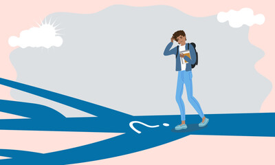 Young man at the crossroads of life. Decision making concept, vector flat design