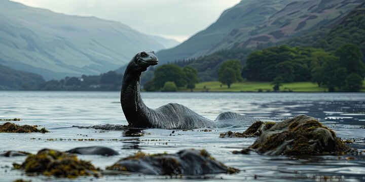 Loch ness monster swimming in the lake