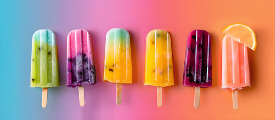 Colorful popsicles in a row against a vibrant gradient background, perfect for summer events, parties, and dessert promotions. Includes copy space for text.