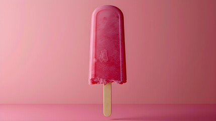 pink popsicle on a stick against a matching pink background, capturing a minimalist and vibrant summer treat concept, 3D illustration. Contains copy space.