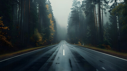 Fototapeta premium Empty road in the middle of a foggy forest, creating a tranquil and mysterious atmosphere. Ideal for travel, scenic drives, and nature exploration. Copy space available.