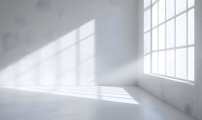 Minimalistic bright empty room with white wall, white floor, and large windows casting sunlight shadows; ideal for designs, copy space for advertisements.