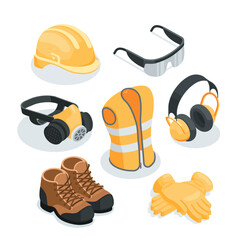 isometric vector construction equipment set such as helmet and vest and boots and gloves and respirator and headphones, in color on white background, worker body protection elements or work clothes