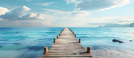 A wooden bridge extending into the ocean under a blue sky with clouds. Ideal for banners or travel-related designs with ample copy space.
