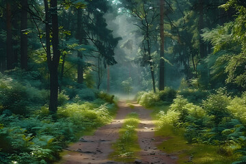 Obraz premium A serene forest path surrounded by lush greenery and tall trees in summer with mist and sunlight filtering through. Ideal for outdoor, hiking, and nature themes. Copy space available.