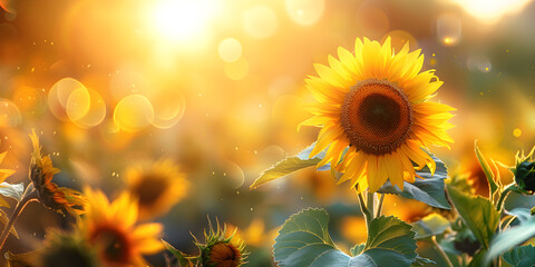 Fototapeta premium Sunflower in a sunlit field with a blurred summer nature background, creating an elegant floral scene perfect for greeting cards, birthdays, and various holidays.