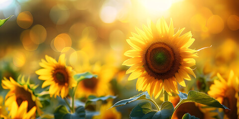 Fototapeta premium Sunflower in a sunflowers field with a blurred summer nature background, highlighting vibrant yellow blooms and warm sunlight, ideal for greeting cards, especially for birthdays and holidays
