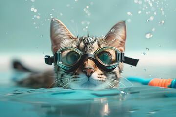 Adorable cat swimming underwater in a pool with goggles, creating a whimsical and playful scene. Ideal for summer-themed designs, pet-related content, and playful advertisements. Contains copy space.
