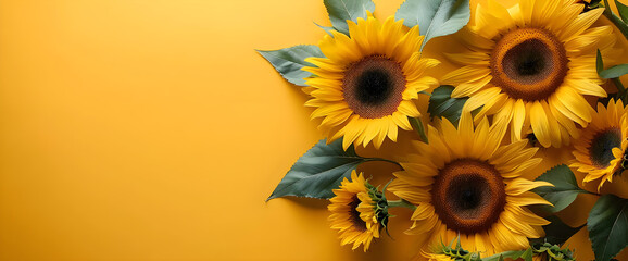 A sunflower bouquet on a bright yellow summer background with ample copy space, perfect for designs, invitations, and seasonal greetings.