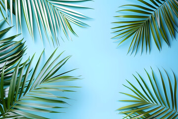 Naklejka premium Tropical palm leaves on a pastel blue background with ample copy space. Ideal for summer, nature-themed designs, and vacation promotions.