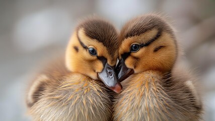 Horizontal AI illustration two ducklings cuddling closely in a heartwarming moment. Animals concept.