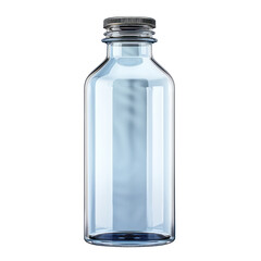 Clear glass bottle with silver cap isolated on white background. Ideal for packaging, storage, and chemistry concepts.
