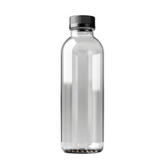 Transparent plastic bottle with a black cap on a plain white background, perfect for product designs and marketing materials.