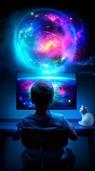 Obraz premium Child Exploring Virtual Cosmos on Computer Screen with Pet Cat, Surreal Cosmic Imagery, Futuristic Adventure