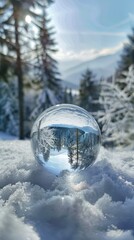 Snowy forest reflected in glass ball, close-up. Winter landscape and photography concept