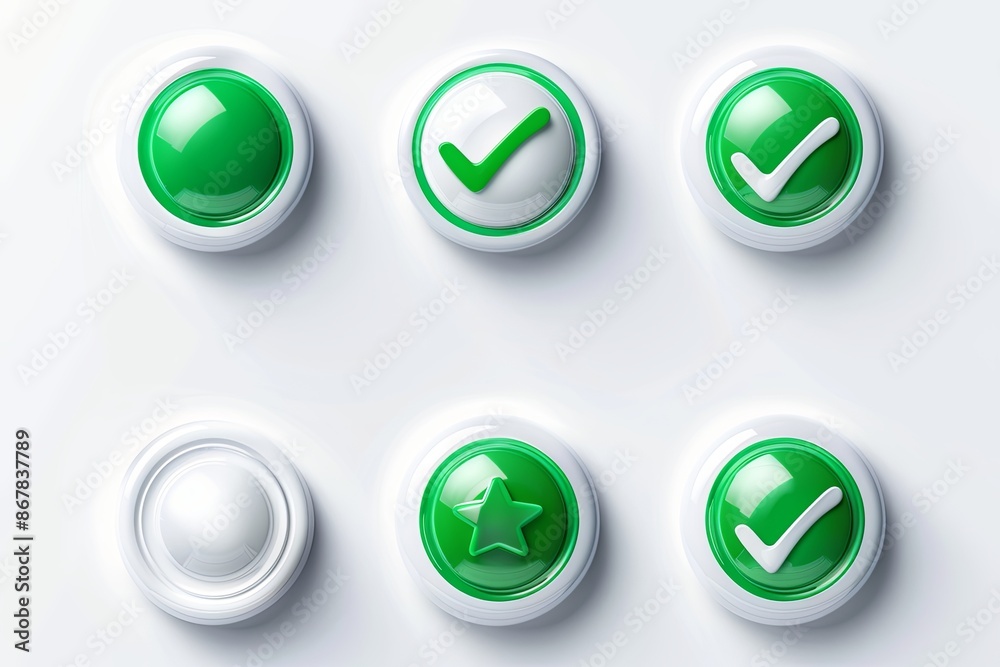 Poster Six round buttons with white borders and green centers featuring various symbols, including checkmarks and a star. Generative AI