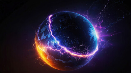 Obraz premium spherical image of planet Earth on a black background with glowing neon lightning and pale energy flow with telecommunication connections,