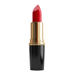 High-quality image of a red lipstick in stylish black and gold casing, isolated on a white background, ideal for beauty products and makeup visuals.