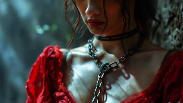 A woman in a red dress with a chain around her neck, a symbol of the weight of responsibilities, decisions and difficulties in relationships. Cognition: emotional experiences, personal trials and dram