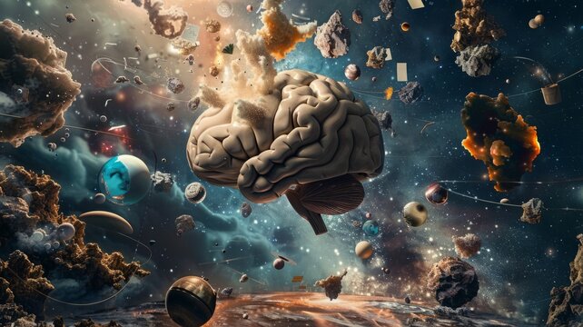 A Brain in Space, Exploding with Thoughts and Ideas - brain, space, astronomy, science, universe, planets, stars, galaxy, cosmos, explosion