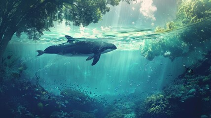 Fototapeta premium A Dolphin Swimming Through a Sunlit Underwater Forest - dolphin, underwater, forest, sunlit, coral, reef, fish, school, water, ocean