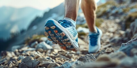 runners feet swiftly maneuvering through a rocky trail in the mountains.