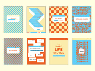 Set of posters with motivational phrases in vintage youth retrowave style. Retro Y2K. 