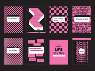 Set of posters with motivational phrases in vintage youth retrowave style. Retro Y2K. 