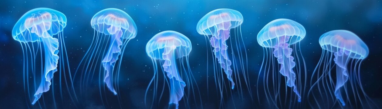 A group of jellyfish with delicate tentacles glowing softly, Watercolor, Soft tones, Ethereal