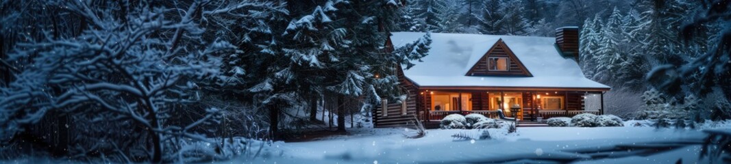 Snowy Winter Cottage Nestled in Cozy Forest