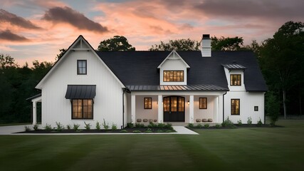 farmhouse with a dark shingled roof and windows, branding.