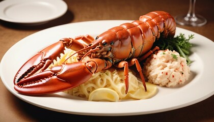 delicious Lobster food at restaurant, isolated background, copy space for text, ad shot