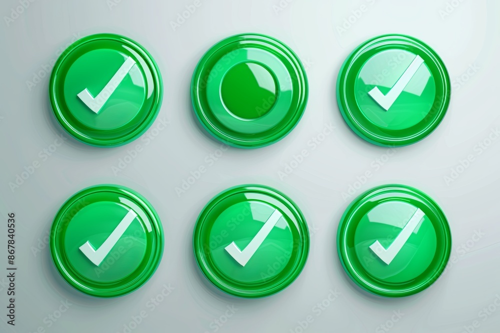 Poster Six green, round buttons with white checkmarks on a white background. Generative AI