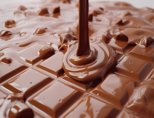 World Chocolate Day. Melted chocolate flows onto a chocolate bar on a brown background. Mocha...